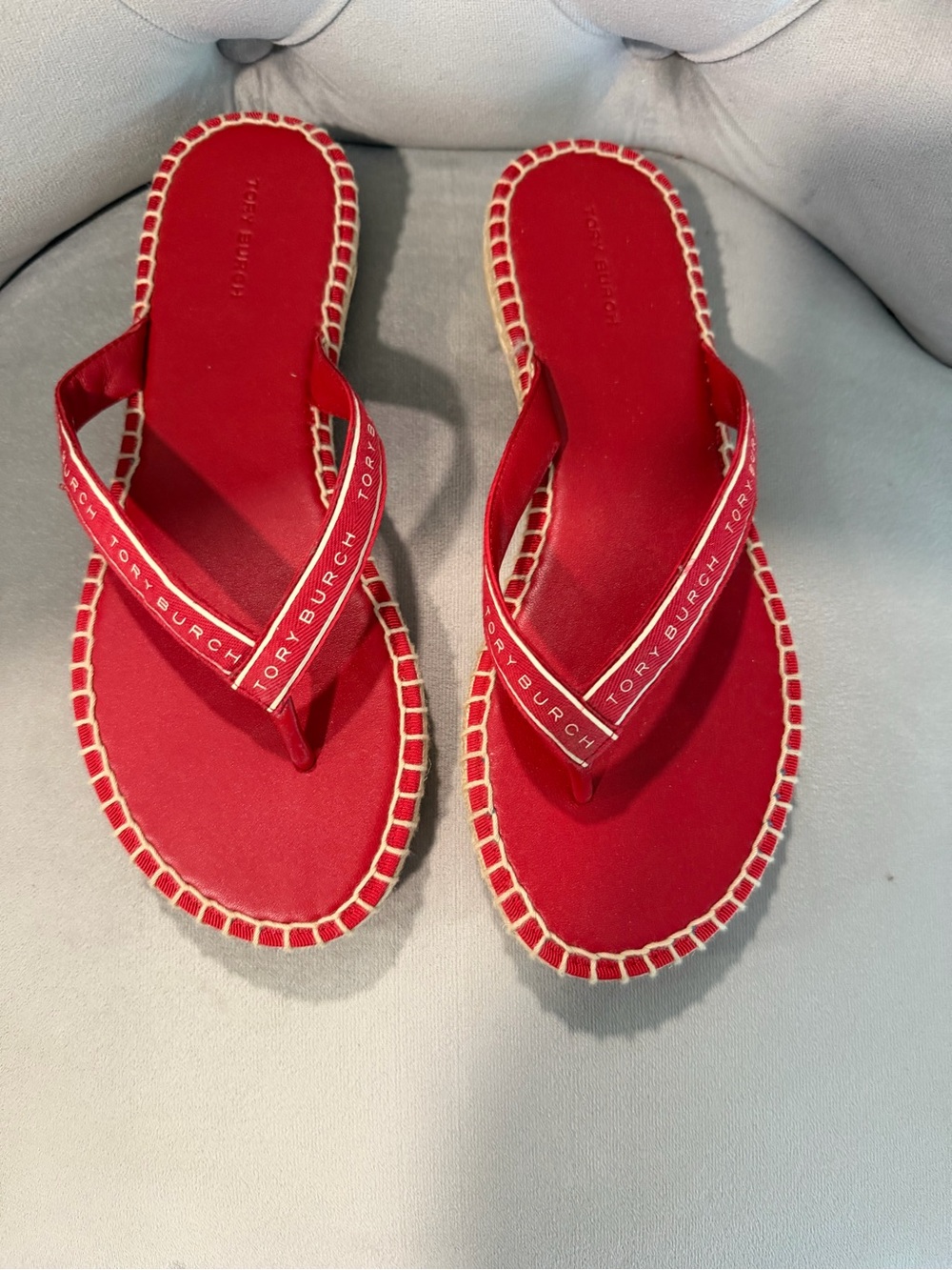 Tory Burch Red Canvas Flip Flop Sandals with Contrasting Stitch
